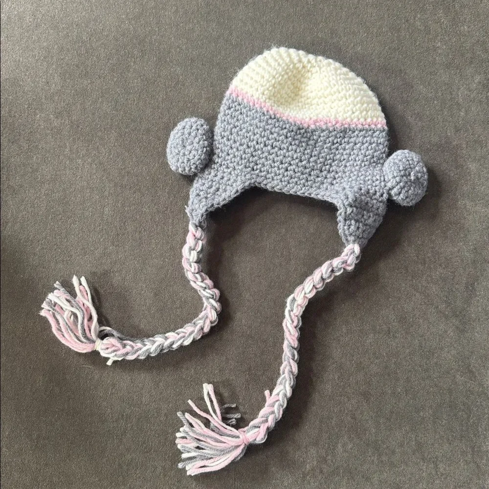 Daisy Baby Sock Monkey Beanie Hat Gray with Pink Pom 0-6 months Photography NEW